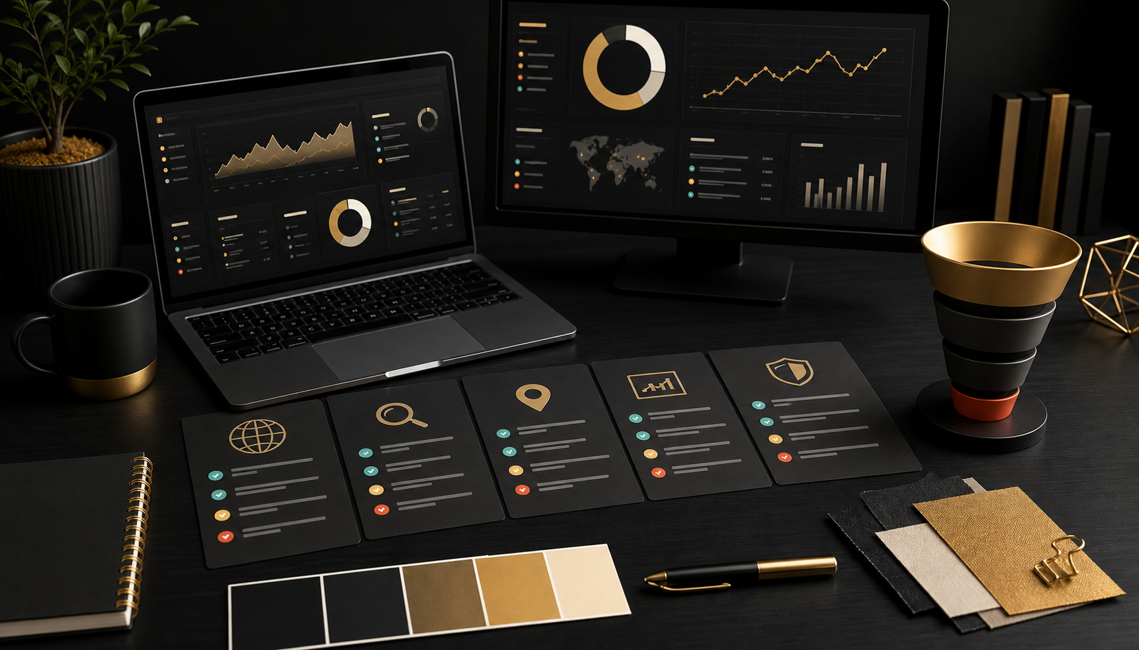 Digital presence audit dashboard with SEO, website, brand, and local visibility checklist cards