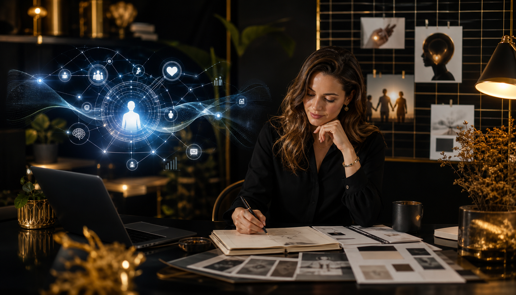 Human-centred AI marketing workspace with warm black and gold strategy materials