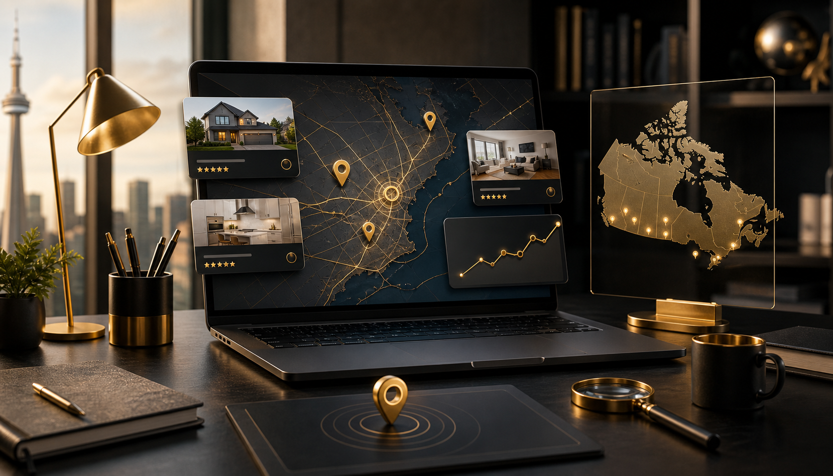 Local SEO strategy dashboard with Canadian service-area map and gold location markers