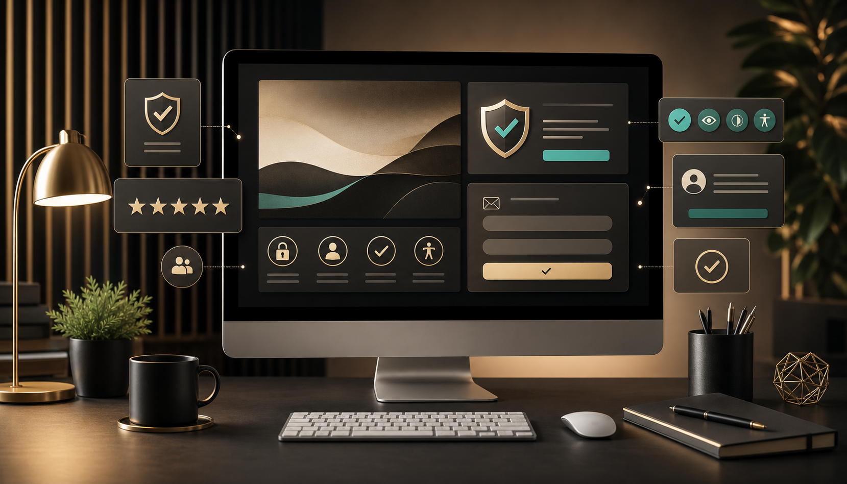 Website design trust signal interface with security, review, contact, and accessibility icons